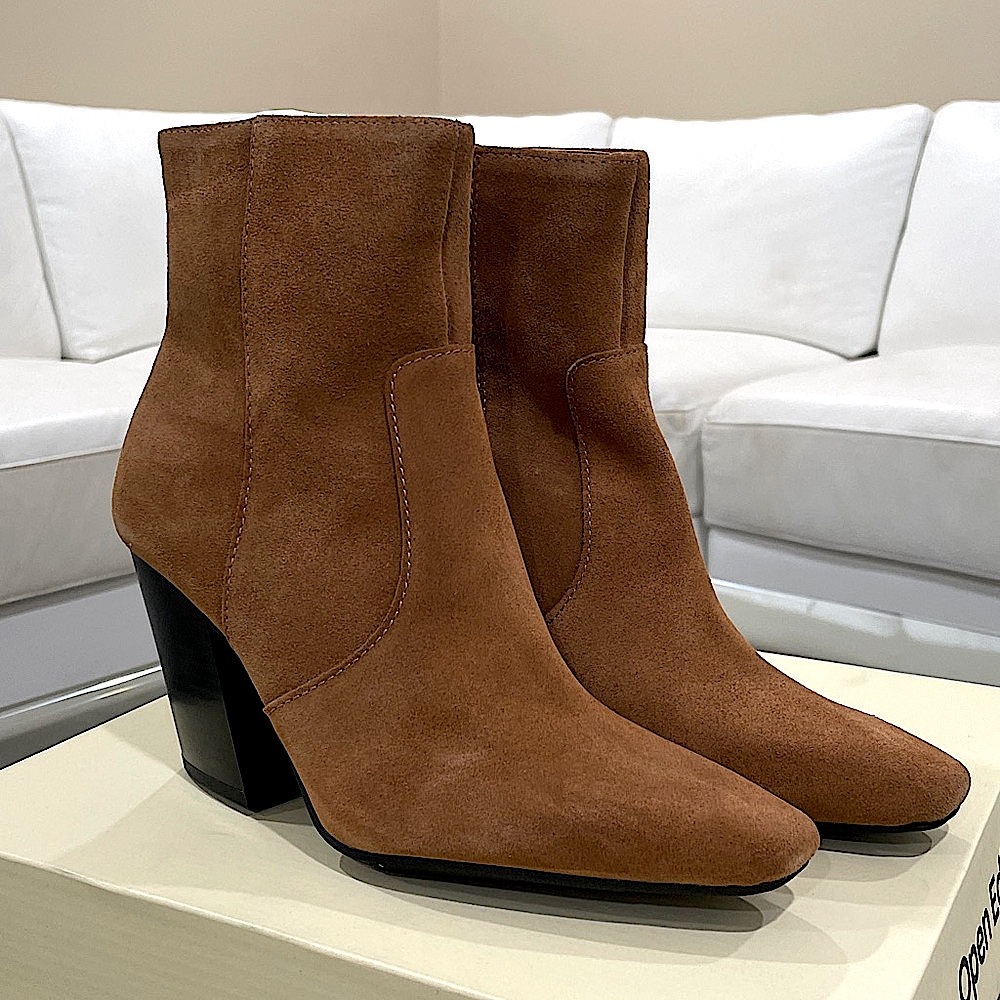 NIB cognac suede ankle boots ultra soft leather full side zipper 7.5 pointy toe